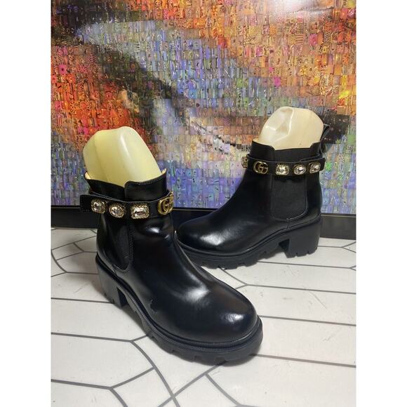 Gucci Trip Black Leather Crystal Embellished Ankle Chelsea Combat Boot EU 41in - Picture 1 of 16